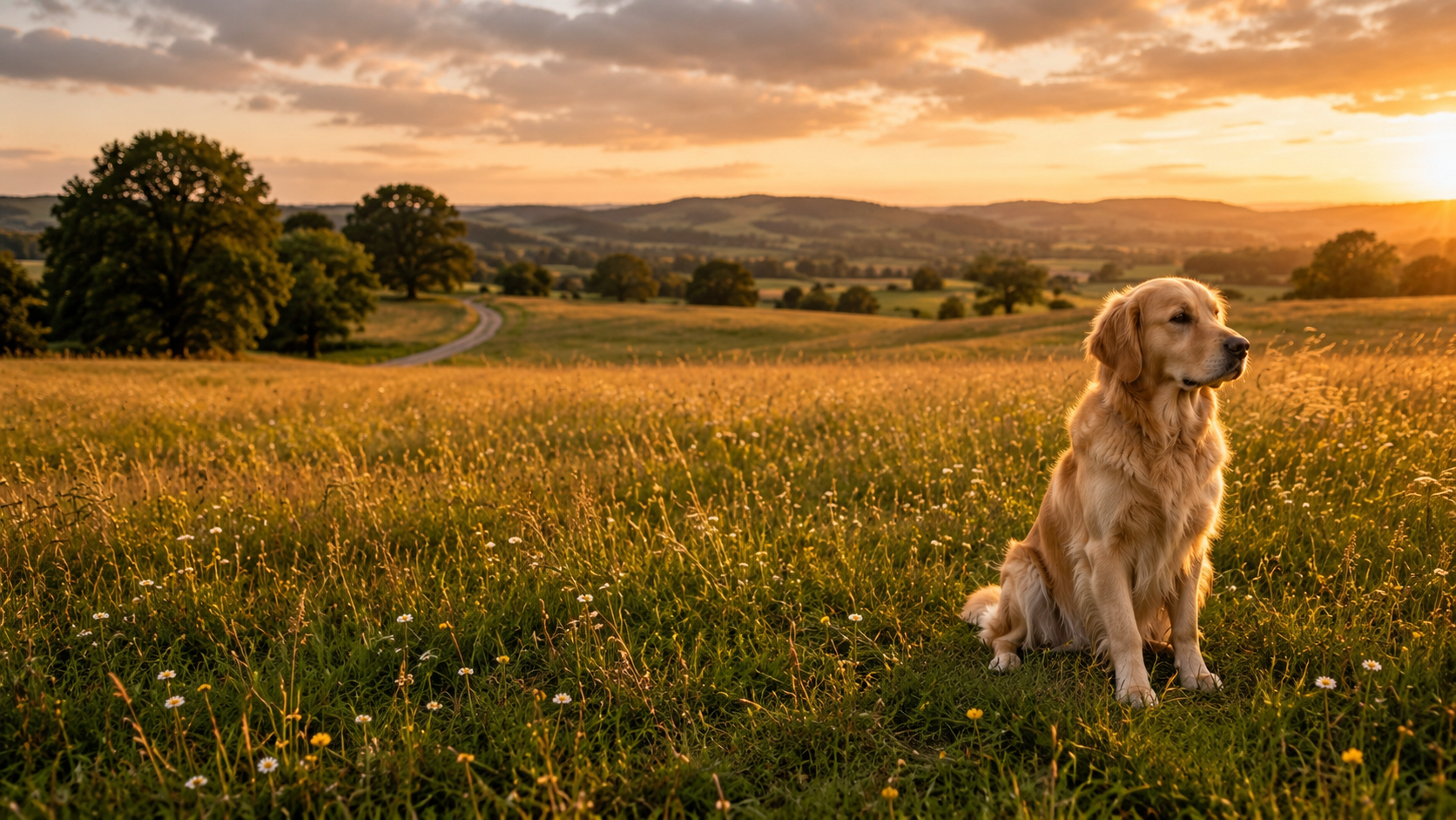 A golden retriever sitting in a Somerset meadow at sunset